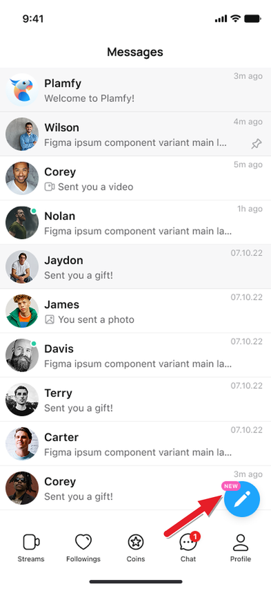 Messages screen — tap the compose icon to start a new message
