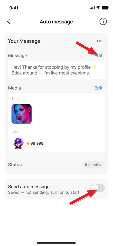 Edit links and the Send auto message toggle
