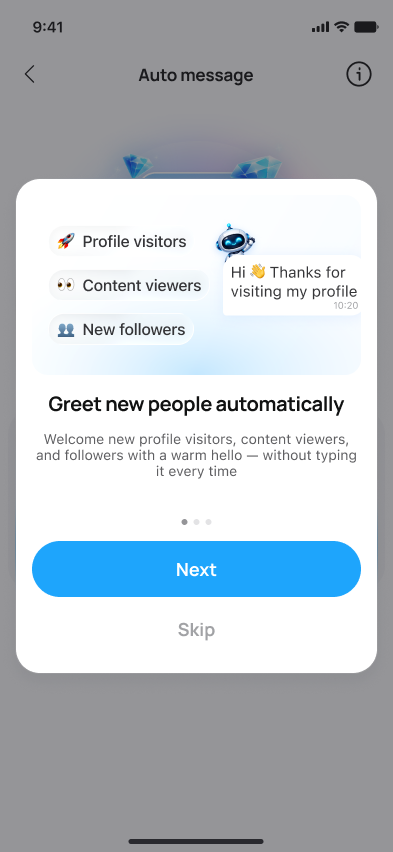 Onboarding card 1 — Greet new people automatically